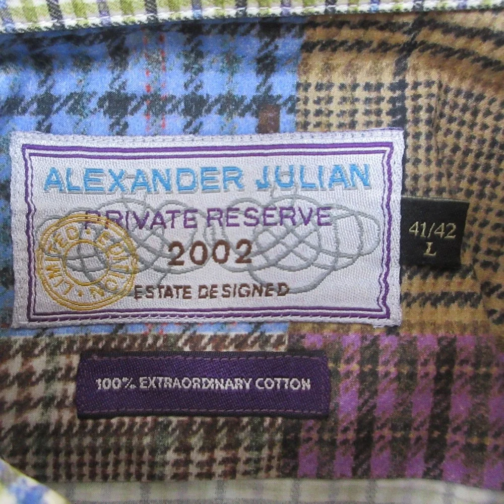 Vintage Alexander Julian Check Shirt Men L Green Plaid Flip Cuff Y2K Cotton 2002
